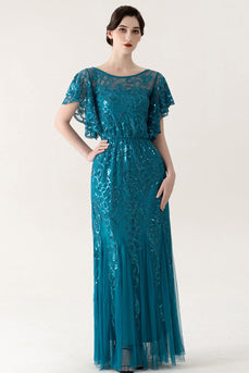Sparkly Blue Tulle Sheath Long 1920s Dress with Sequins