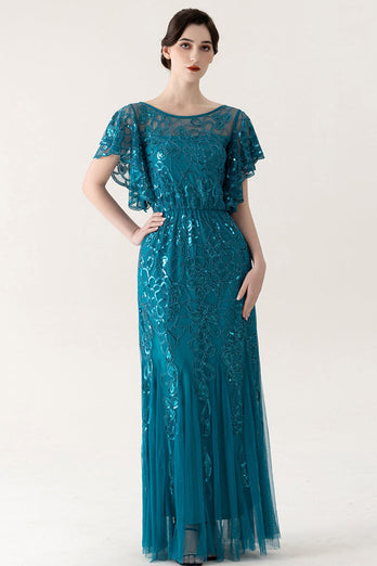 Sparkly Blue Tulle Sheath Long 1920s Dress with Sequins