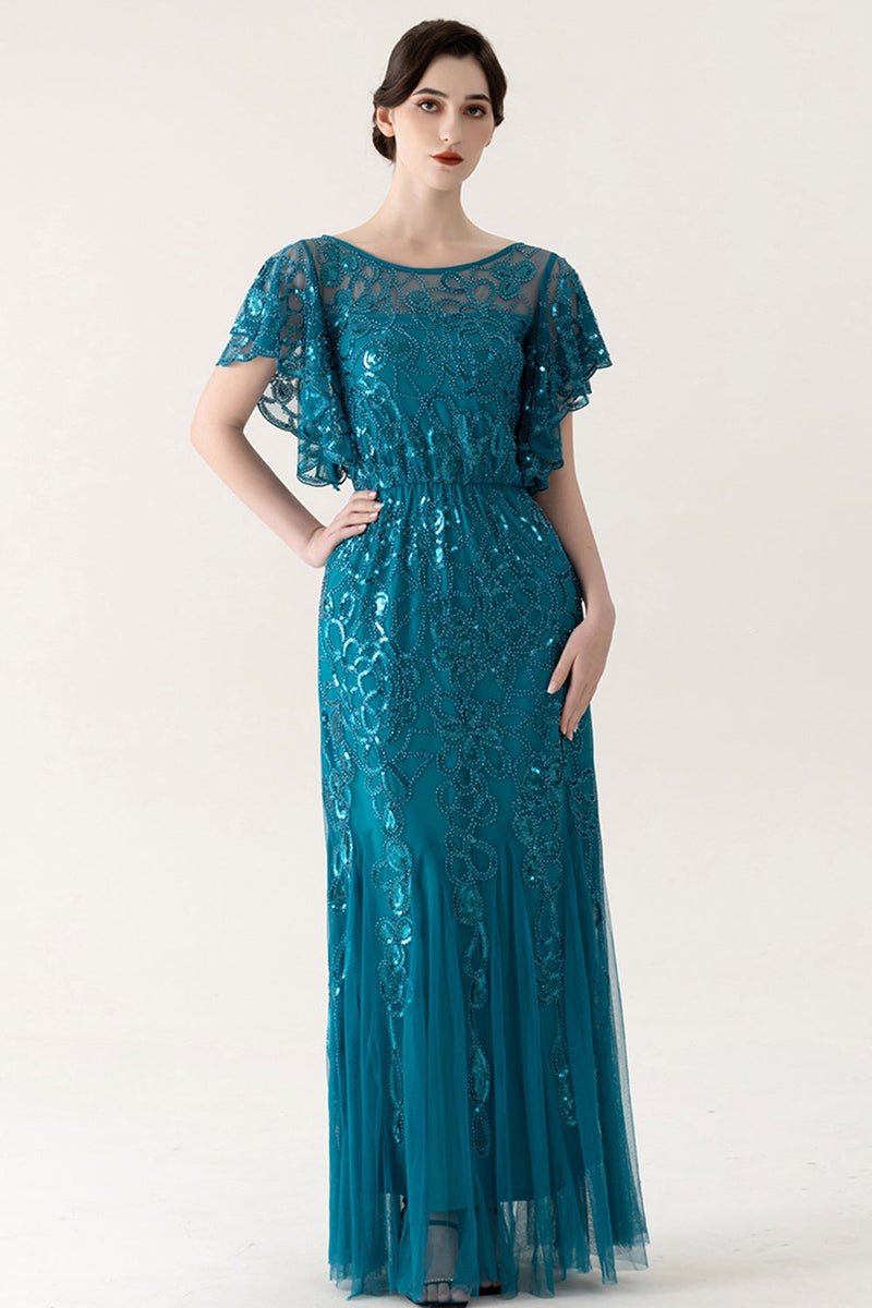 Load image into Gallery viewer, Sparkly Blue Tulle Sheath Long 1920s Dress with Sequins