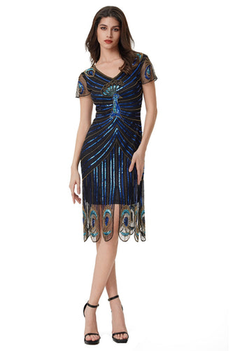 Sparkly Black Blue Bodycon Beaded Short 1920s Dress with Sequins