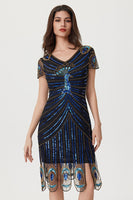 Load image into Gallery viewer, Sparkly Black Blue Bodycon Beaded Short 1920s Dress with Sequins