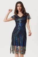 Load image into Gallery viewer, Sparkly Black Blue Bodycon Beaded Short 1920s Dress with Sequins