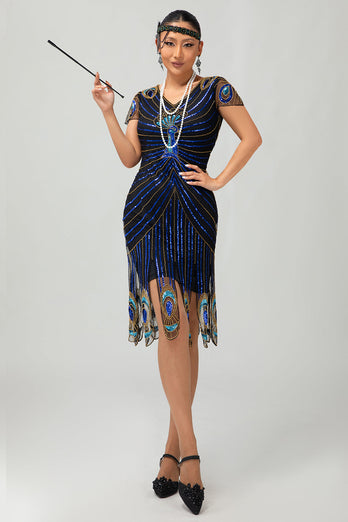 Sparkly Black Blue Bodycon Sequins Short 1920s Dress with Sleeves