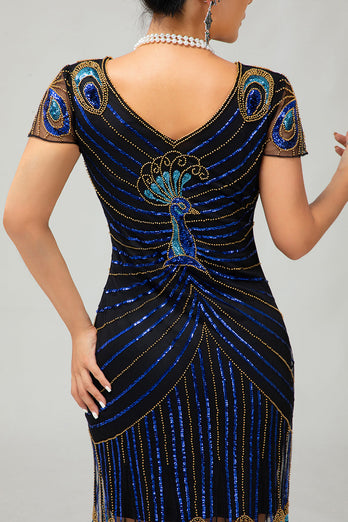 Sparkly Black Blue Bodycon Sequins Short 1920s Dress with Sleeves