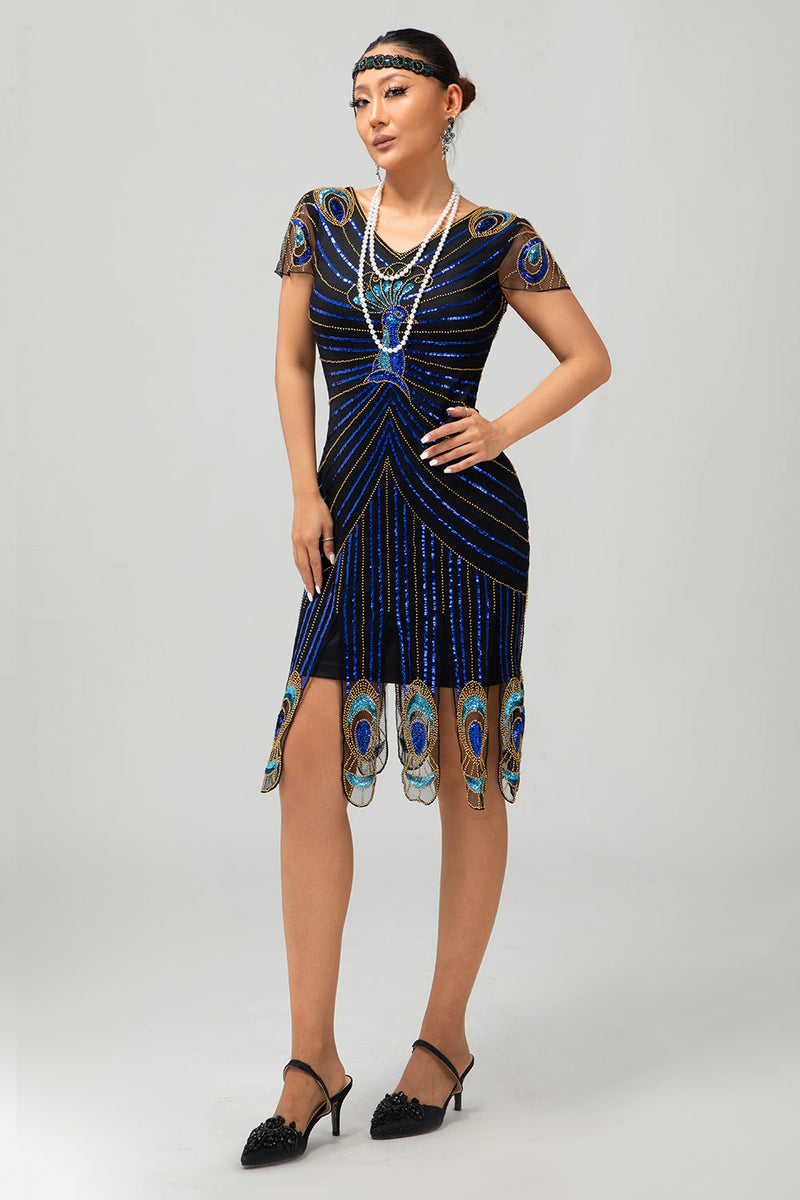 Load image into Gallery viewer, Sparkly Black Blue Bodycon Sequins Short 1920s Dress with Sleeves