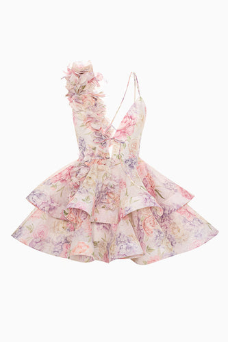 Pink Floral Tiered A Line Short Prom Dress with Ruffles
