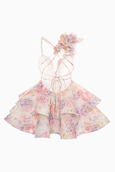 Pink Floral Tiered A Line Short Prom Dress with Ruffles