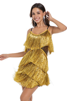 Sparkly Golden Tight Tiered Short Prom Dress with Fringes