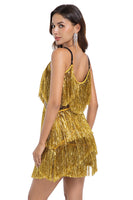 Load image into Gallery viewer, Sparkly Golden Tight Tiered Short Prom Dress with Fringes
