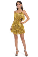 Load image into Gallery viewer, Sparkly Golden Tight Tiered Short Prom Dress with Fringes