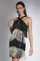 Load image into Gallery viewer, Sparkly Black and Silver Tiered Short Prom Dress with Fringes