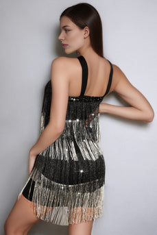 Sparkly Black and Silver Tiered Short Prom Dress with Fringes