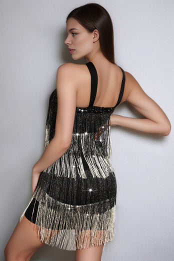 Sparkly Black and Silver Tiered Short Prom Dress with Fringes