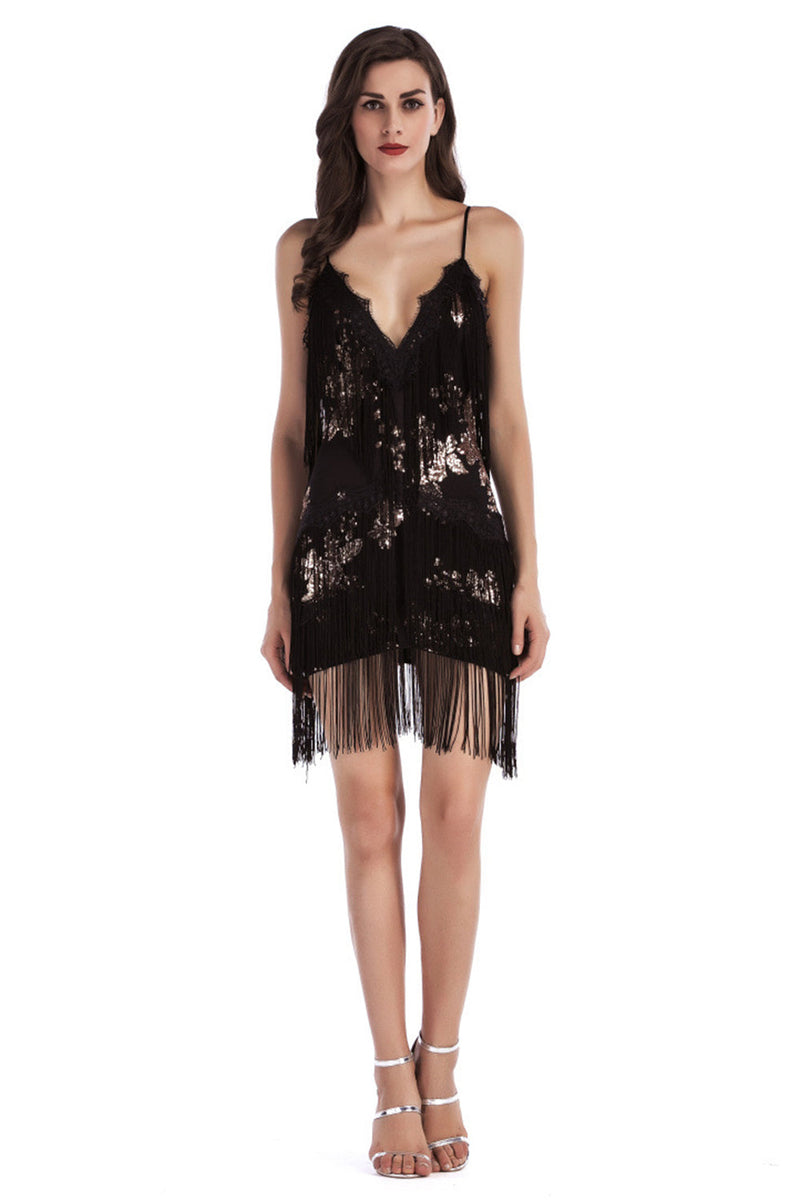 Load image into Gallery viewer, Sparkly Black Tiered Short Tight Prom Dress with Fringes