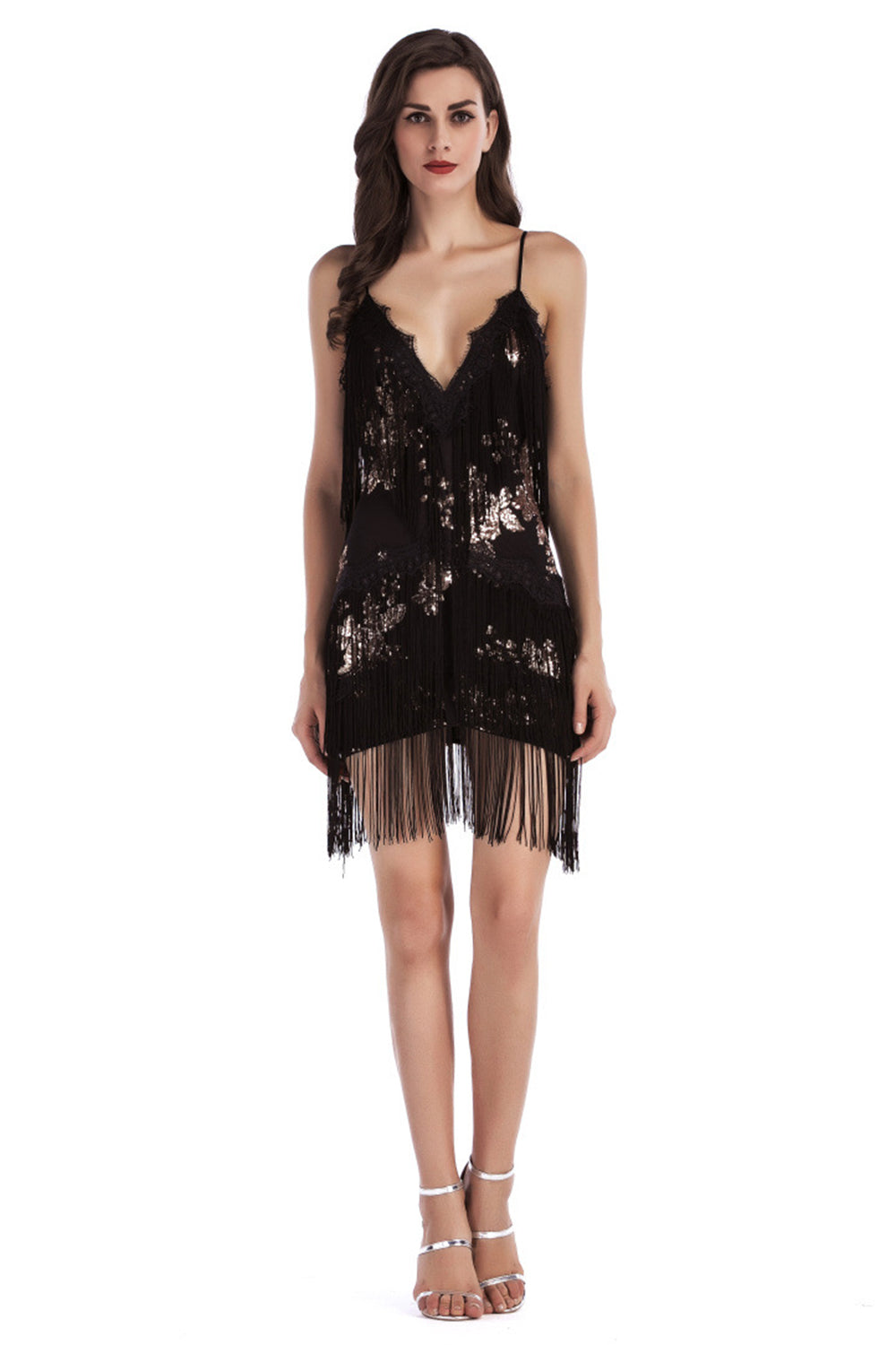 Sparkly Black Tiered Short Tight Prom Dress with Fringes