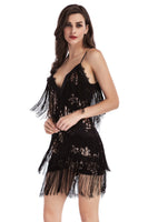Load image into Gallery viewer, Sparkly Black Tiered Short Tight Prom Dress with Fringes