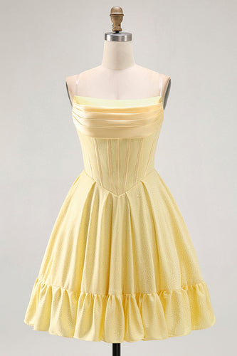 Sparkly Yellow A Line Short Corset Prom Dress with Beading