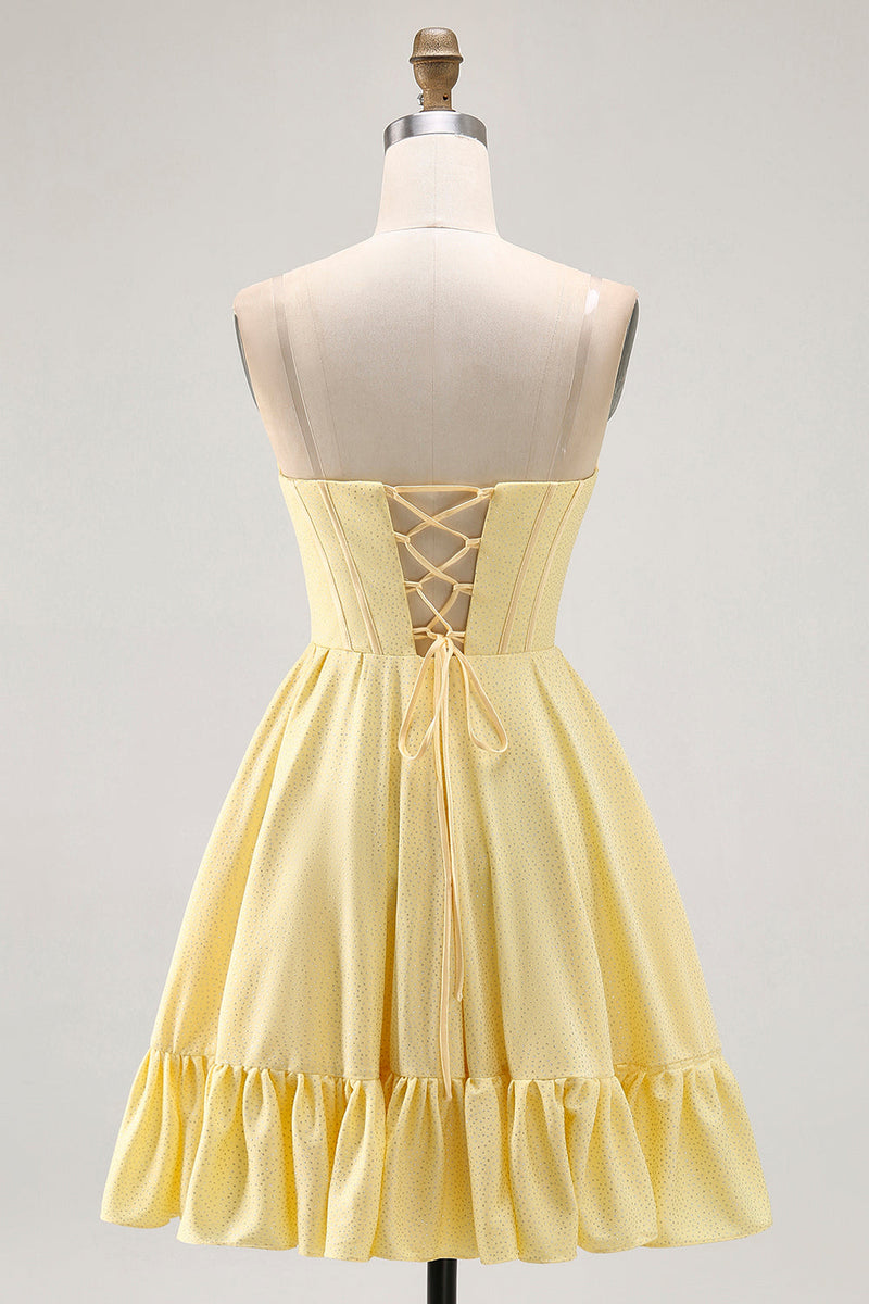 Load image into Gallery viewer, Sparkly Yellow A Line Short Corset Prom Dress with Beading