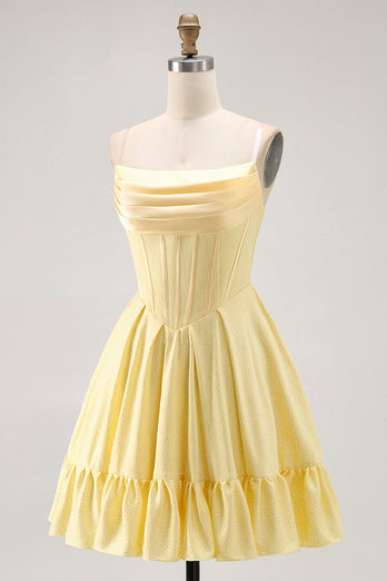 Sparkly Yellow A Line Short Corset Prom Dress with Beading