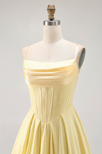 Sparkly Yellow A Line Short Corset Prom Dress with Beading