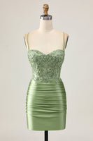 Load image into Gallery viewer, Sparkly Sage Green Short Tight Corset Prom Dress with Appliques