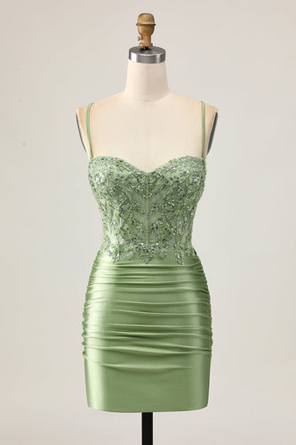 Sparkly Sage Green Short Tight Corset Prom Dress with Appliques