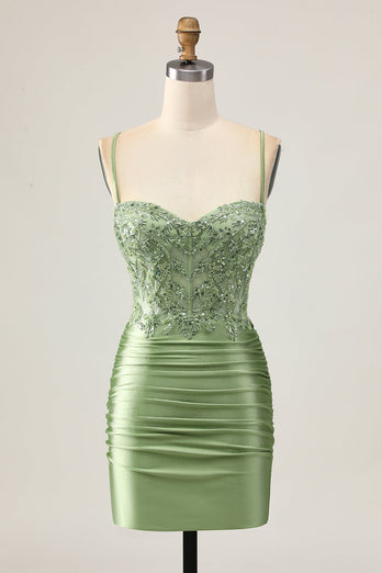 Sparkly Sage Green Short Tight Corset Prom Dress with Appliques