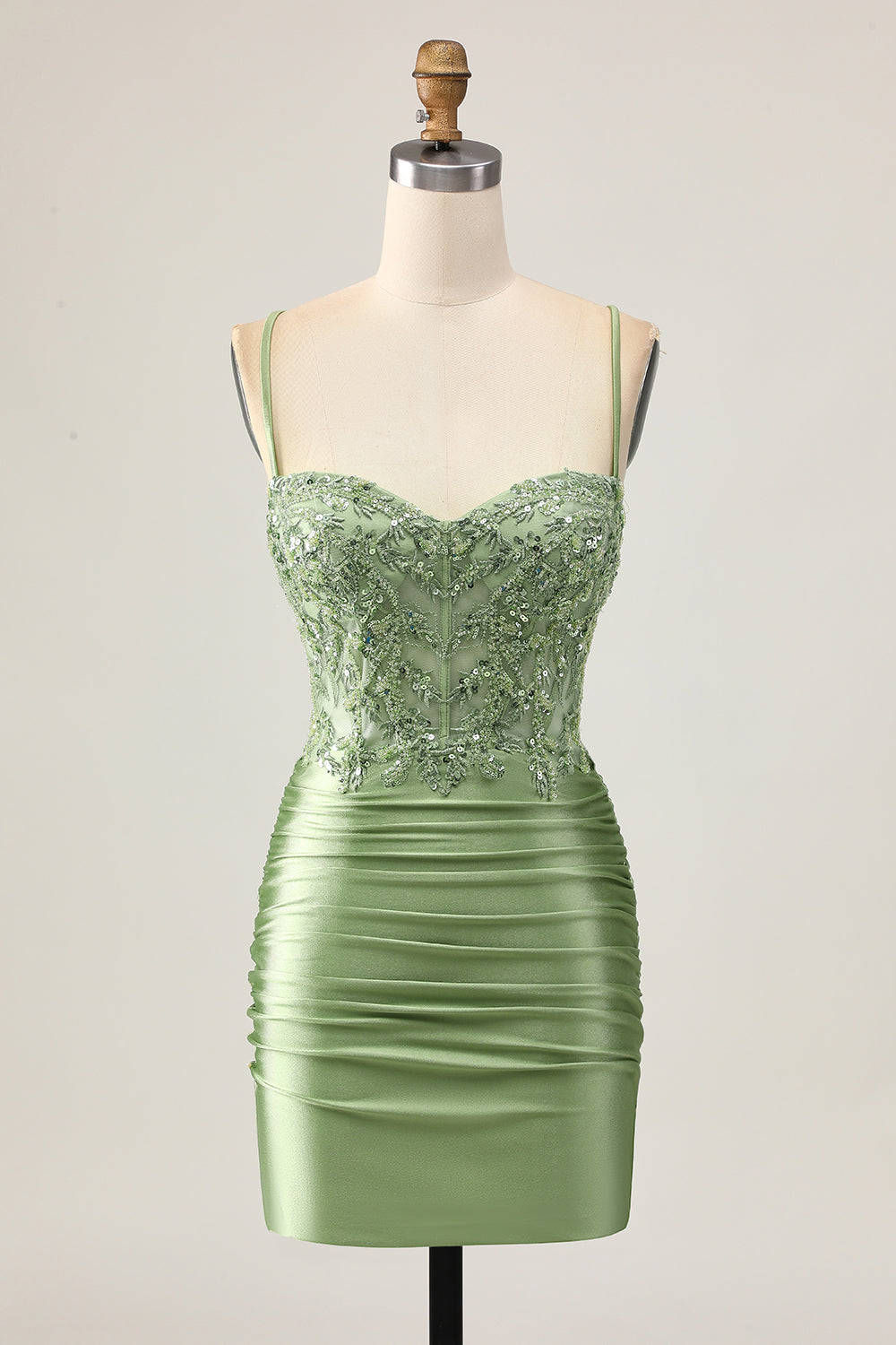 Sparkly Sage Green Short Tight Corset Prom Dress with Appliques