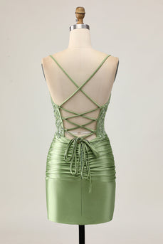 Sparkly Sage Green Short Tight Corset Prom Dress with Appliques