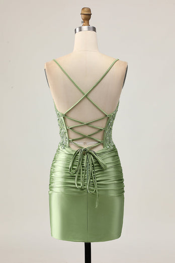 Sparkly Sage Green Short Tight Corset Prom Dress with Appliques