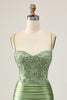 Load image into Gallery viewer, Sparkly Sage Green Short Tight Corset Prom Dress with Appliques