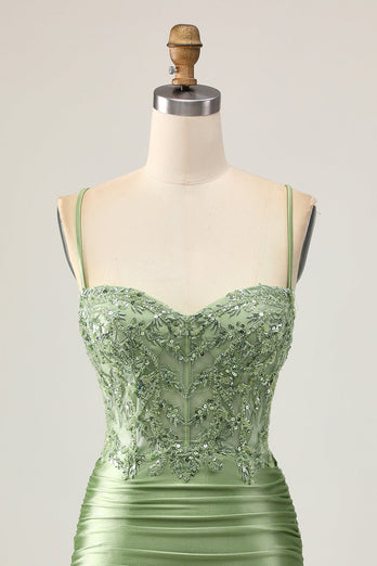 Sparkly Sage Green Short Tight Corset Prom Dress with Appliques