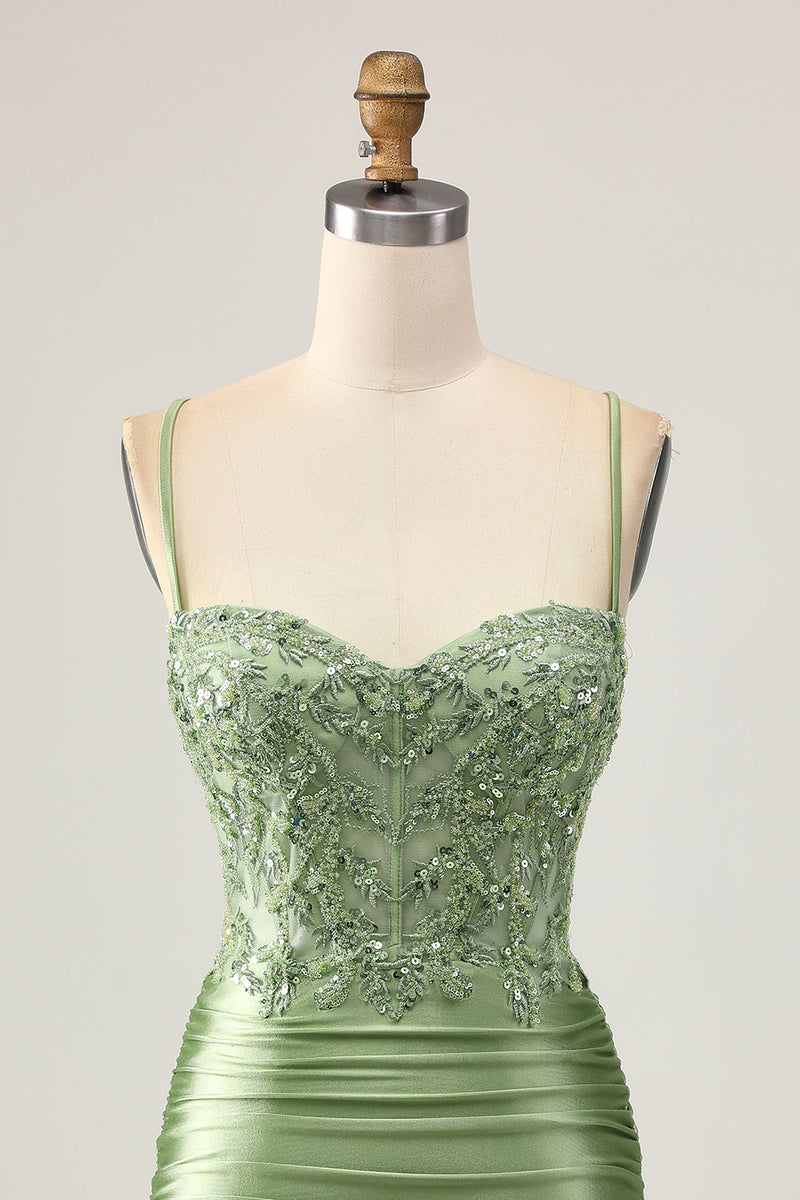 Load image into Gallery viewer, Sparkly Sage Green Short Tight Corset Prom Dress with Appliques
