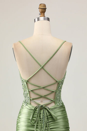 Sparkly Sage Green Short Tight Corset Prom Dress with Appliques