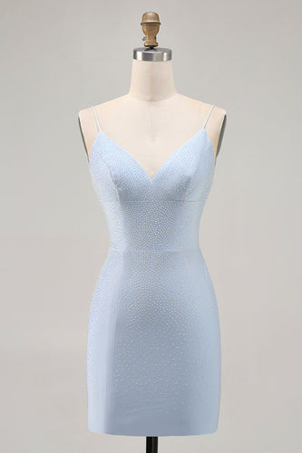 Sparkly Blue Tight Backless Short Prom Dress with Beading