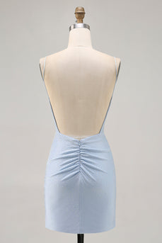 Sparkly Blue Tight Backless Short Prom Dress with Beading