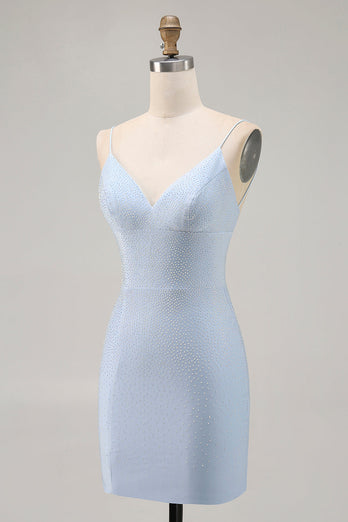 Sparkly Blue Tight Backless Short Prom Dress with Beading