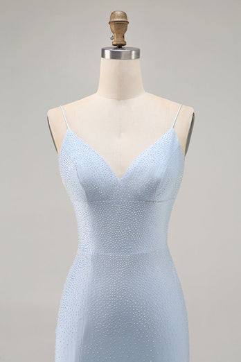 Sparkly Blue Tight Backless Short Prom Dress with Beading