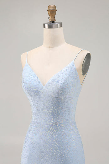 Sparkly Blue Tight Backless Short Prom Dress with Beading