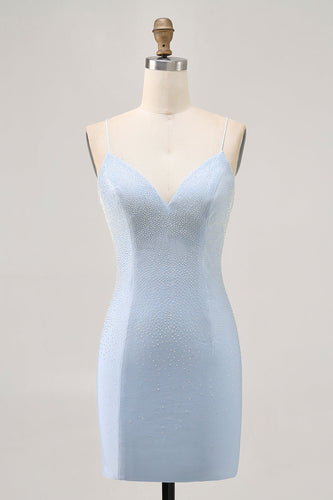 Sparkly Light Blue Short Tight Prom Dress with Beading
