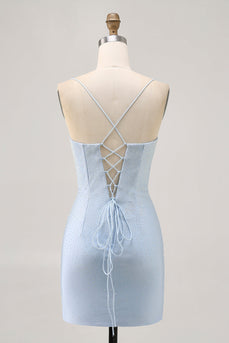 Sparkly Light Blue Short Tight Prom Dress with Beading