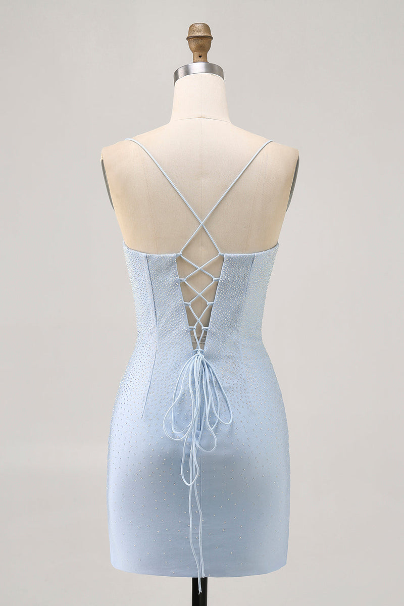 Load image into Gallery viewer, Sparkly Light Blue Short Tight Prom Dress with Beading