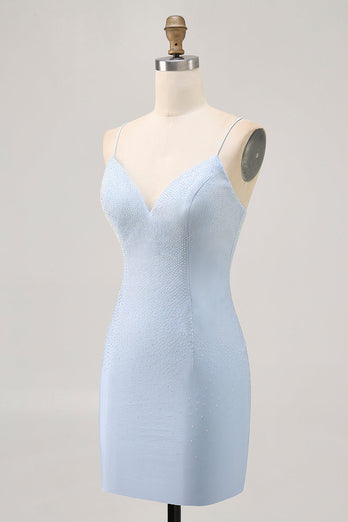 Sparkly Light Blue Short Tight Prom Dress with Beading