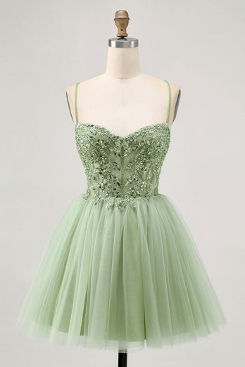 Sparkly Green A Line Short Corset Prom Dress with Beading