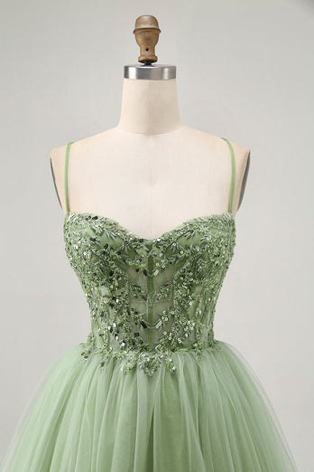 Sparkly Green A Line Short Corset Prom Dress with Beading