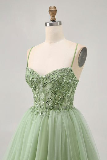 Sparkly Green A Line Short Corset Prom Dress with Beading