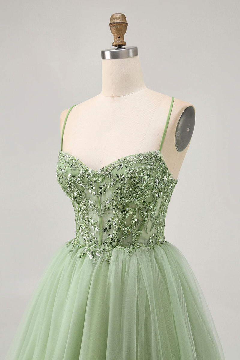 Load image into Gallery viewer, Sparkly Green A Line Short Corset Prom Dress with Beading