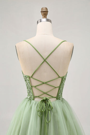 Sparkly Green A Line Short Corset Prom Dress with Beading