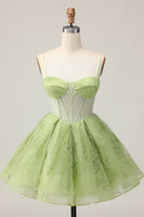 Load image into Gallery viewer, Green A Line Corset Spaghetti Straps Short Prom Dress