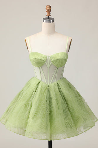 Green A Line Corset Spaghetti Straps Short Prom Dress